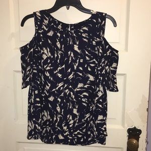 Navy Cold Shoulder Top with Paint Brush Pattern